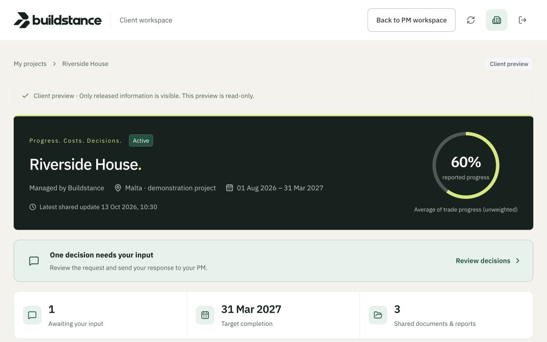 Riverside House client portal with released progress, decisions and shared records — demo, synthetic data