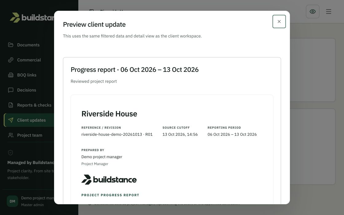 Client update preview showing the reviewed Riverside House progress report — demo, synthetic data